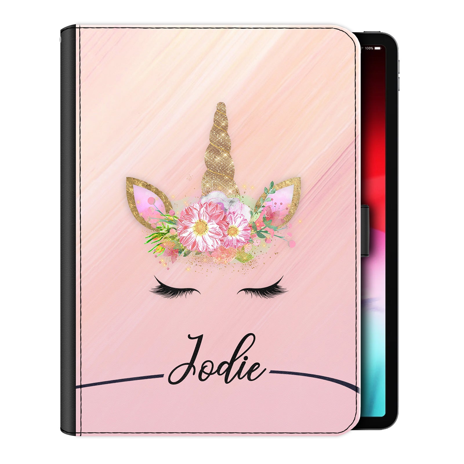 Personalised iPad Case with Gold Floral Unicorn and Text on Pink