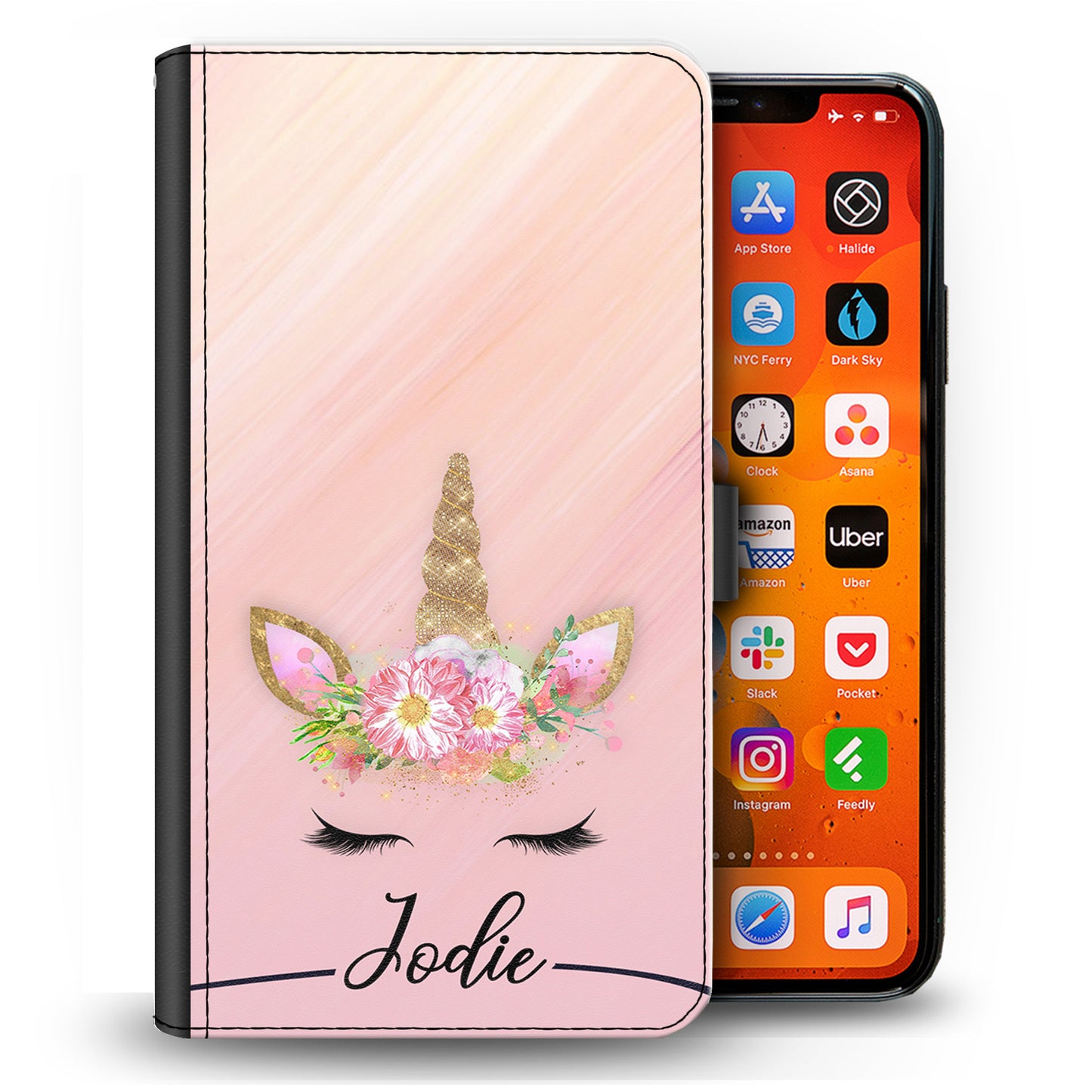 Personalised One Phone Leather Wallet with Gold Floral Unicorn and Text on Pink