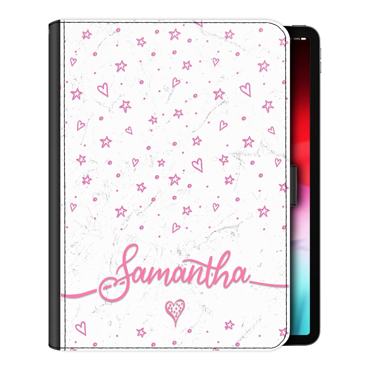 Personalised iPad Case with Pink Stars Hearts and Name on White Marble