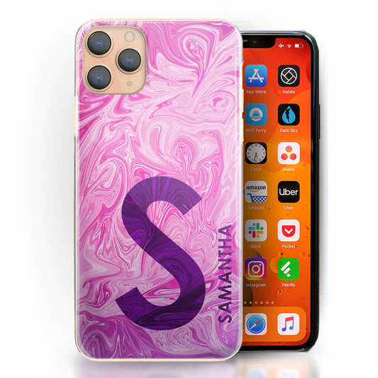 Personalised LG Phone Hard Case with Purple Text and Initial on Pink Swirled Marble