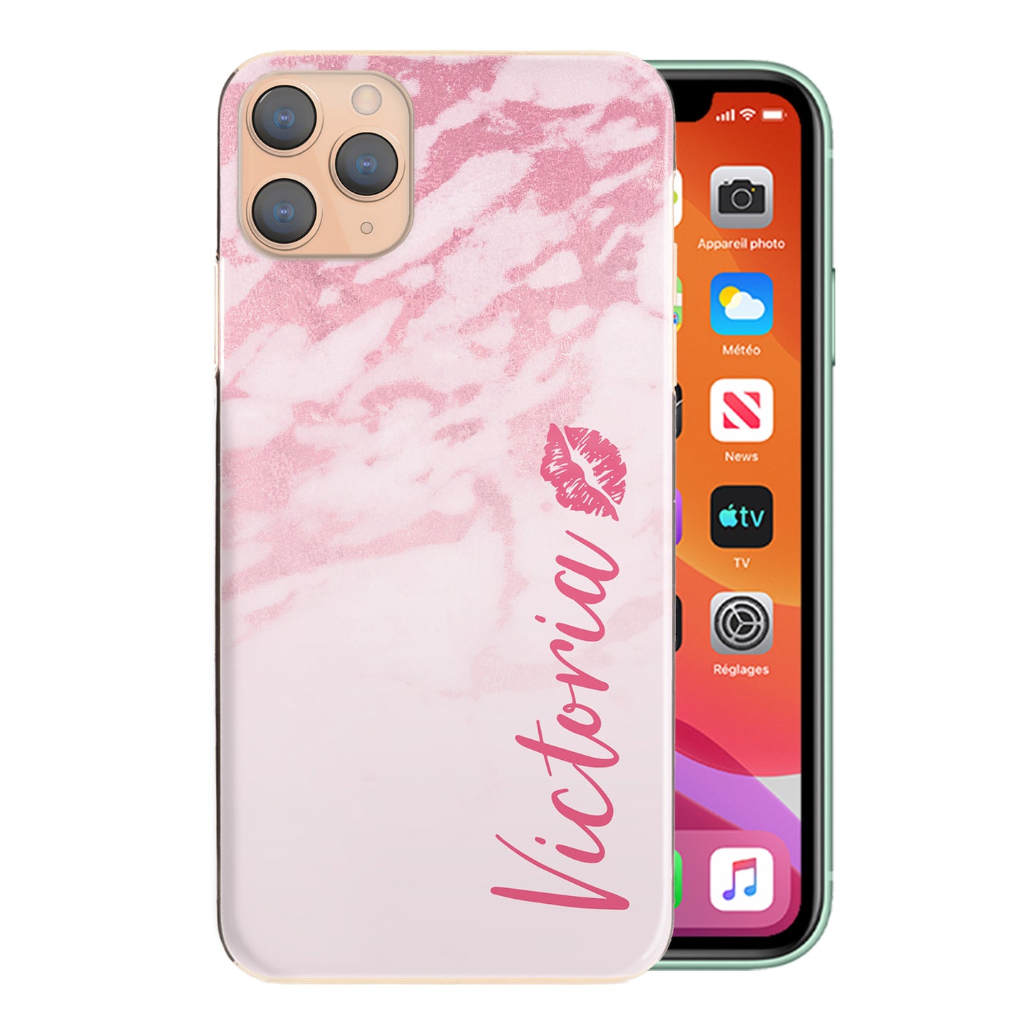Personalised Apple iPhone Hard Case - Pink Marble & Name Side Kiss