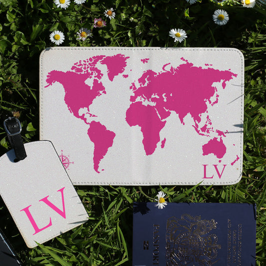 Personalised Passport Case & Tag with Pink World Map & Text - White Glitter