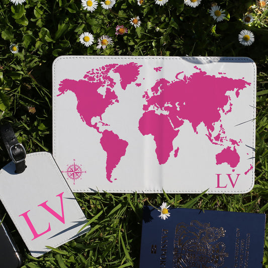Personalised Passport Case & Tag with Pink World Map & Text - White