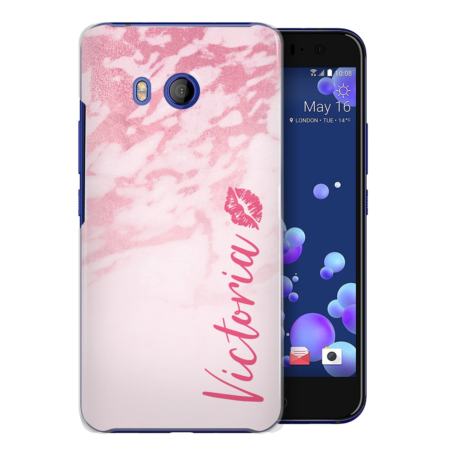 Personalised HTC Hard Case - Pink Marble & Name Side Kiss