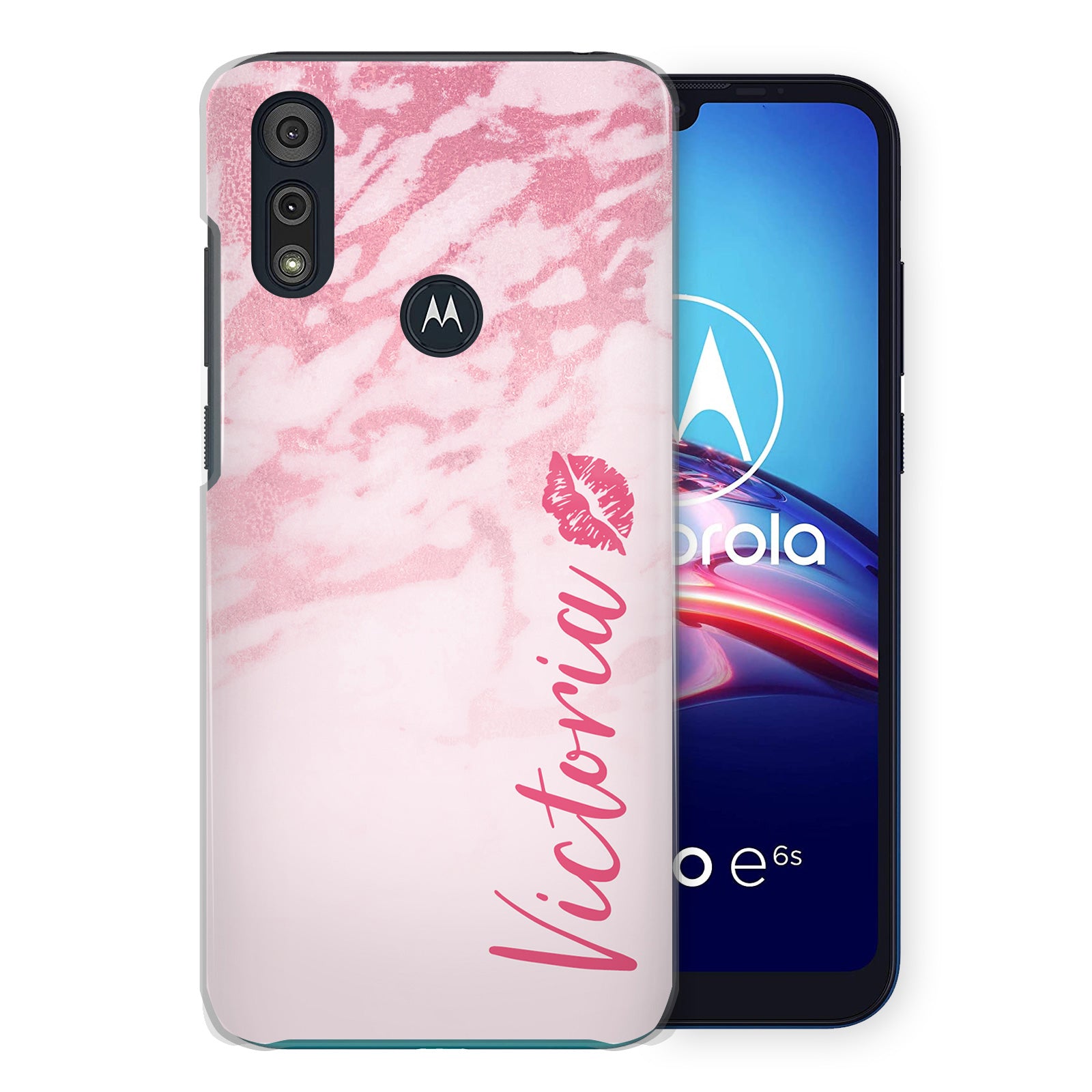 Personalised Motorola Hard Case - Pink Marble & Name Side Kiss