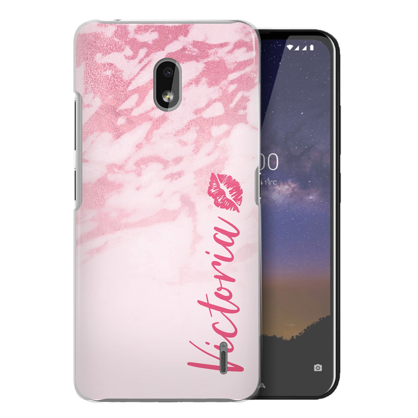 Personalised Nokia Hard Case - Pink Marble & Name Side Kiss