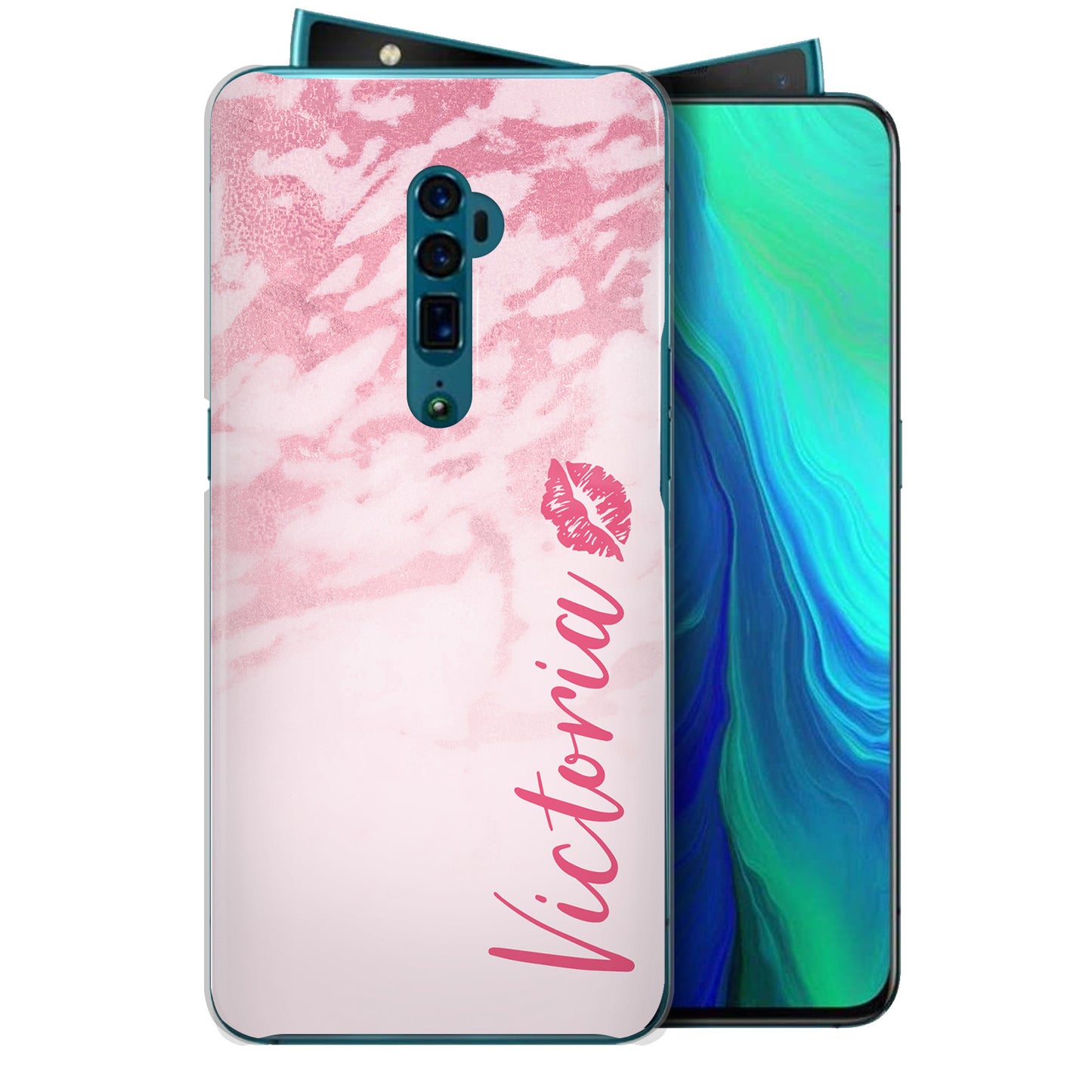 Personalised Oppo Hard Case - Pink Marble & Name Side Kiss