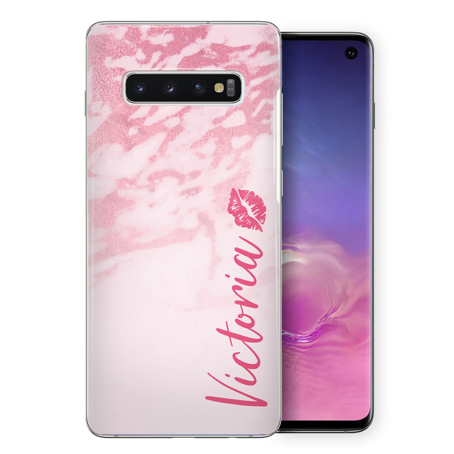 Personalised Samsung Hard Case - Pink Marble & Name Side Kiss
