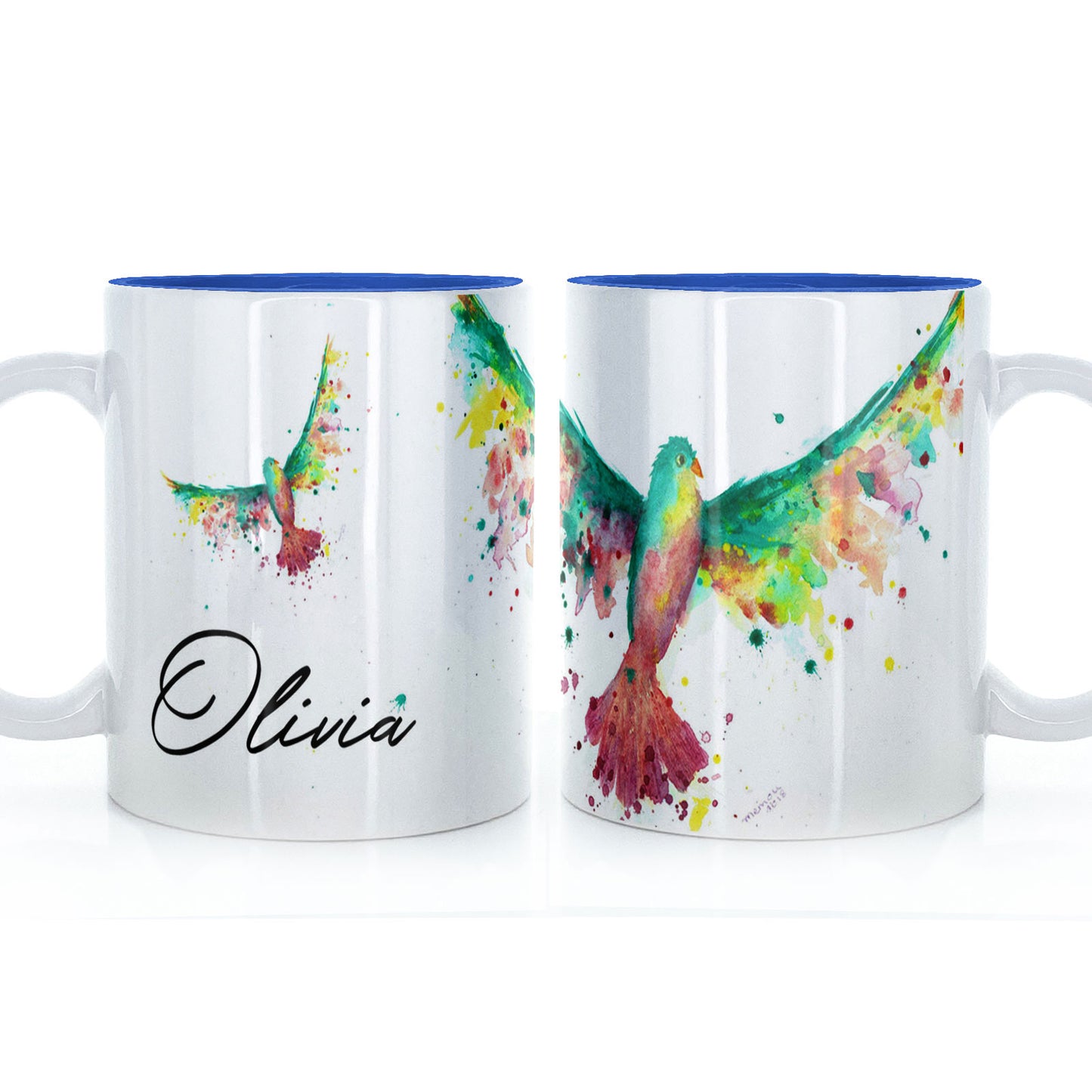 Personalisierte Tasse mit stilvollem Text und Regenbogenvogel