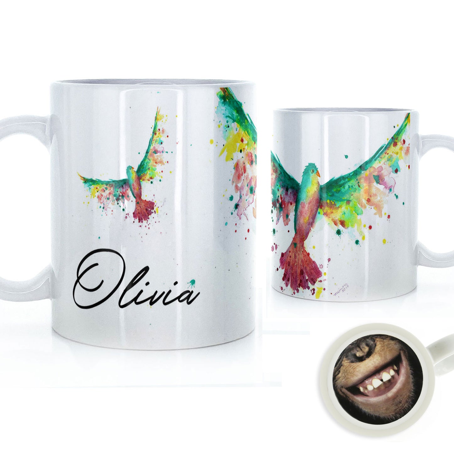 Personalised Mug with Stylish Text and Rainbow Bird