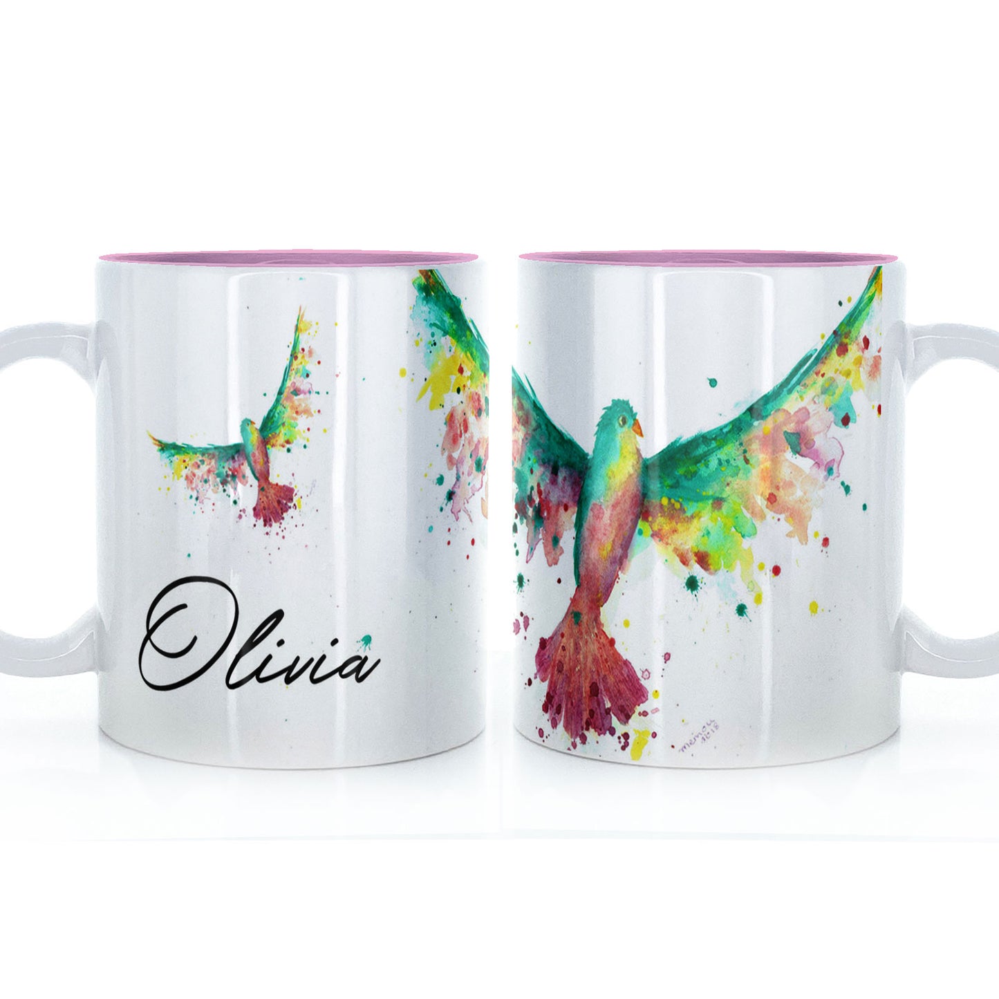 Personalisierte Tasse mit stilvollem Text und Regenbogenvogel