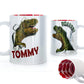 Personalisierte Tasse mit rotem, fettgedrucktem Text und T-Rex