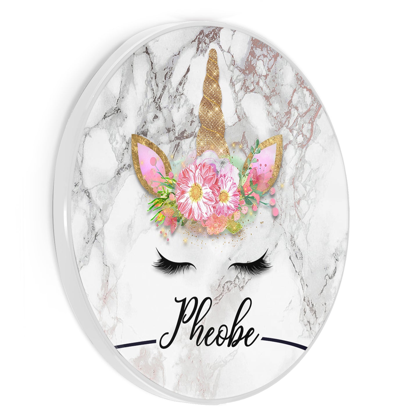Personalised Wireless Charger with Gold Floral Unicorn and Text on Grey Marble