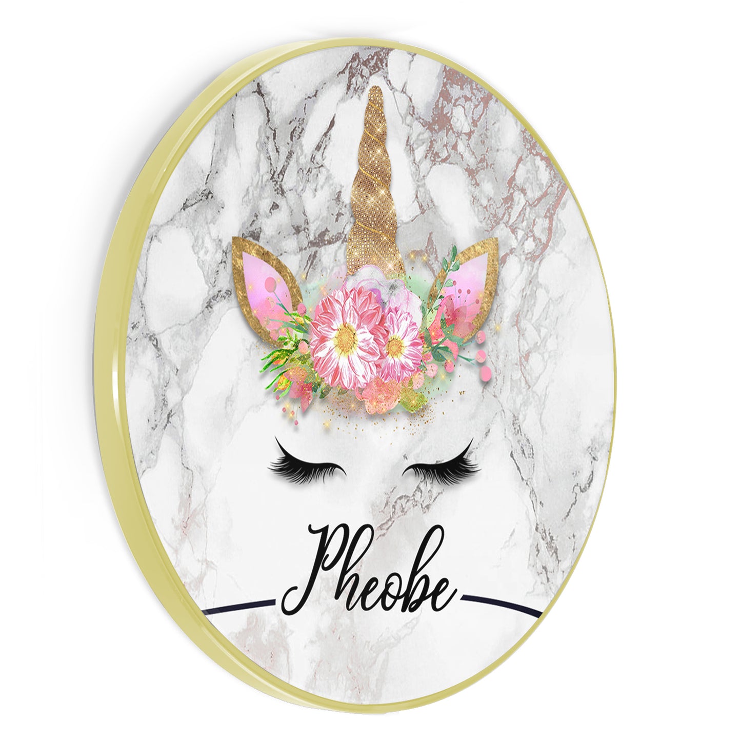 Personalised Wireless Charger with Gold Unicorn on Grey Marble and Black Name