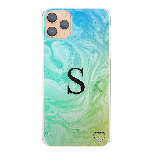 Personalised Sony Phone Hard Case with Monogram and Heart on Turquoise Gradient Swirled Marble 
