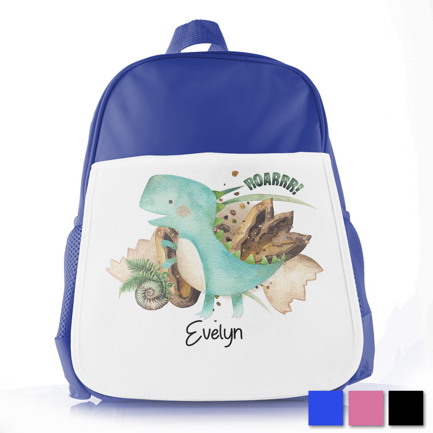 Personalised Blue T-Rex and Name Kids School Bag/Rucksack