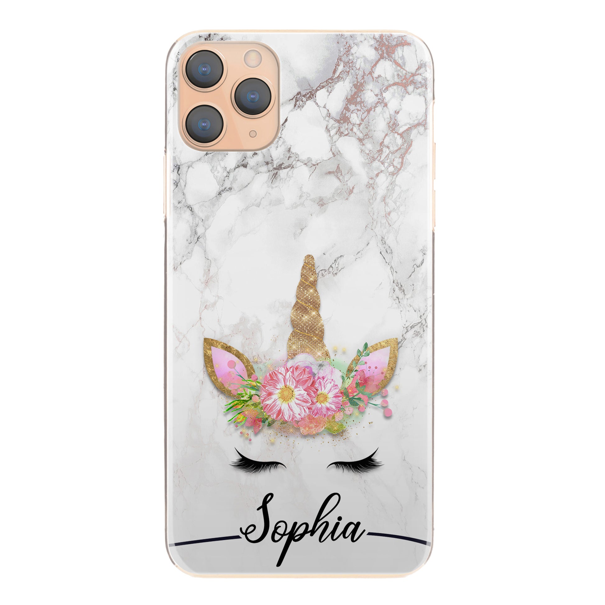 Personalised One Phone Hard Case with Gold Floral Unicorn and Text on Grey Marble