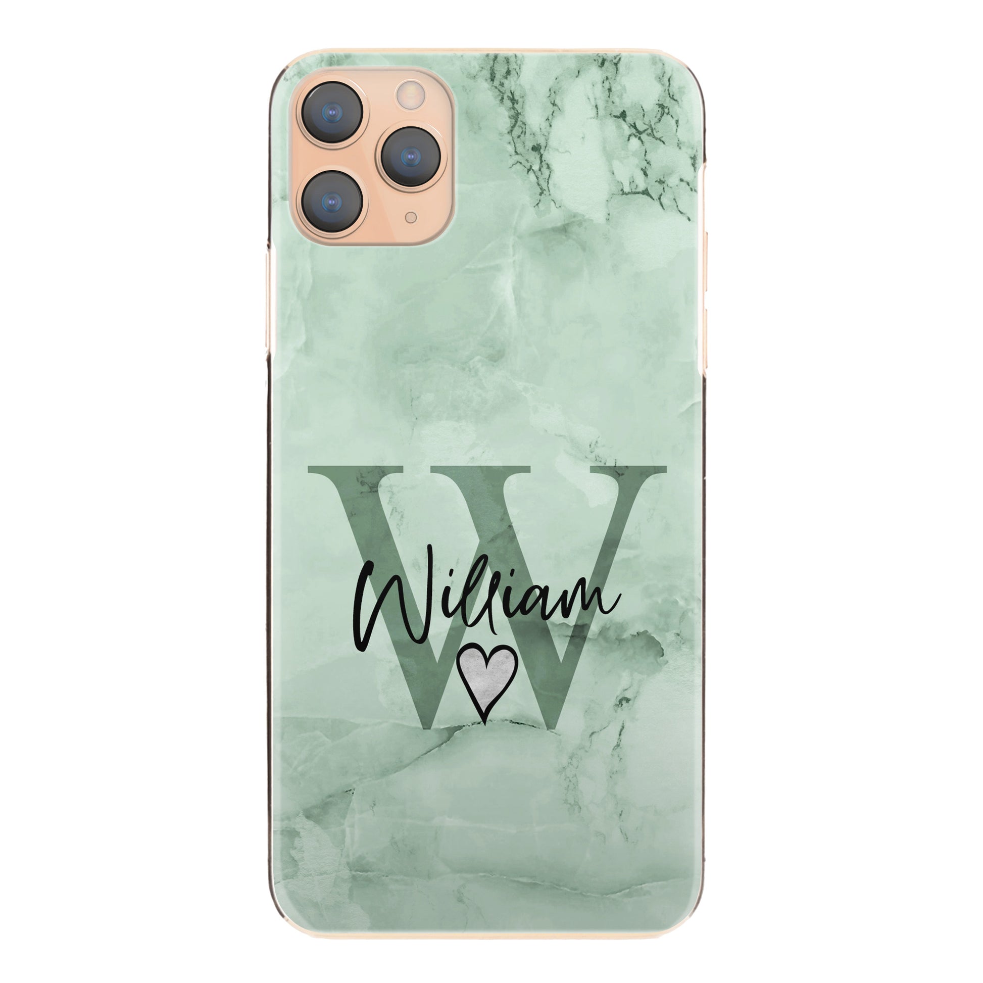 Personalised One Plus Phone Hard Case with Heart Accented Initials and Stylish Text on Mint Green Marble