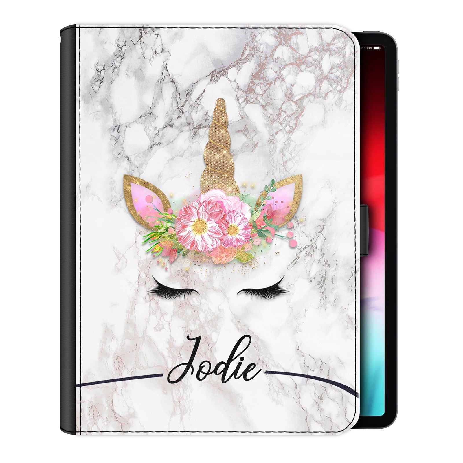 Personalised iPad Case with Gold Floral Unicorn and Text on Grey Marble