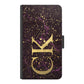 Personalised Huawei Phone Leather Wallet with Gold Initials on Pink and Gold Infused Black Marble