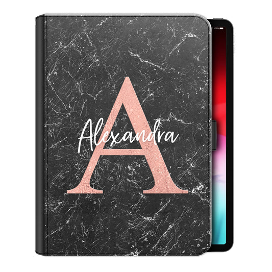 Personalised iPad Case with Pink Initial Under Stylised Name on Black Marble 