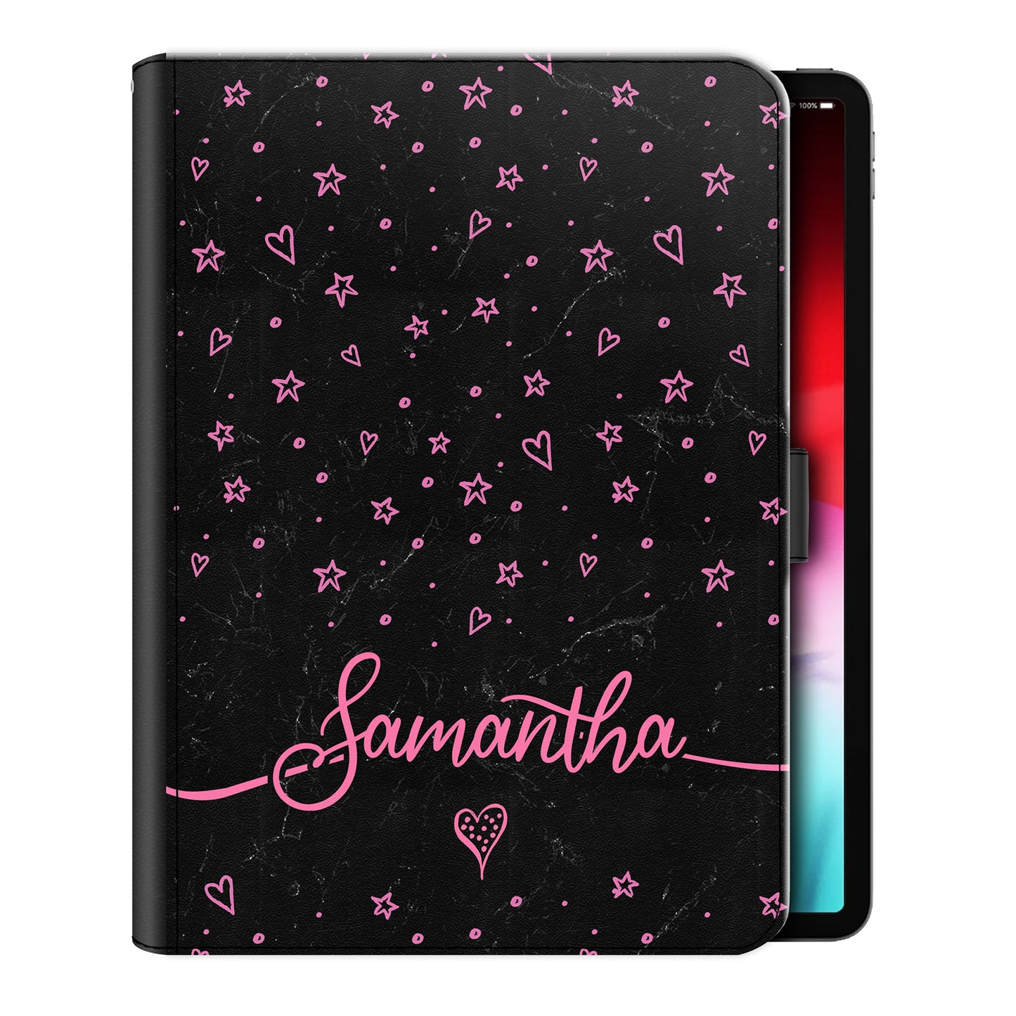 Personalised iPad Case with Pink Stars, Hearts and Name on Black Marble