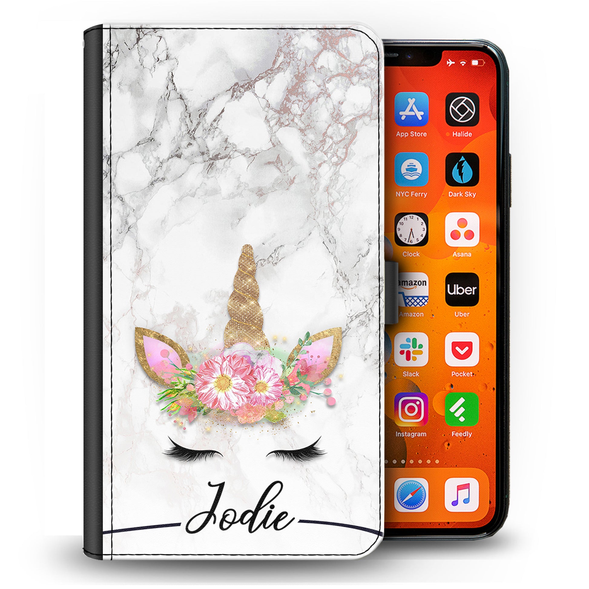Personalised Huawei Phone Leather Wallet with Gold Floral Unicorn and Text on Grey Marble