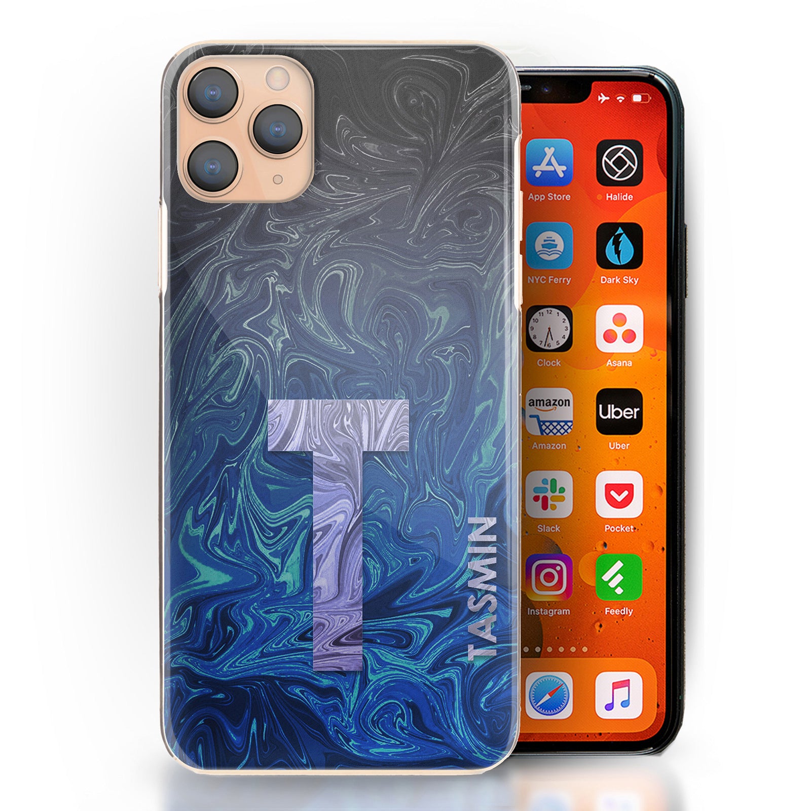 Personalised Xiaomi Phone Hard Case with Lilac Text and Initial on Blue Gradient Swirled Marble
