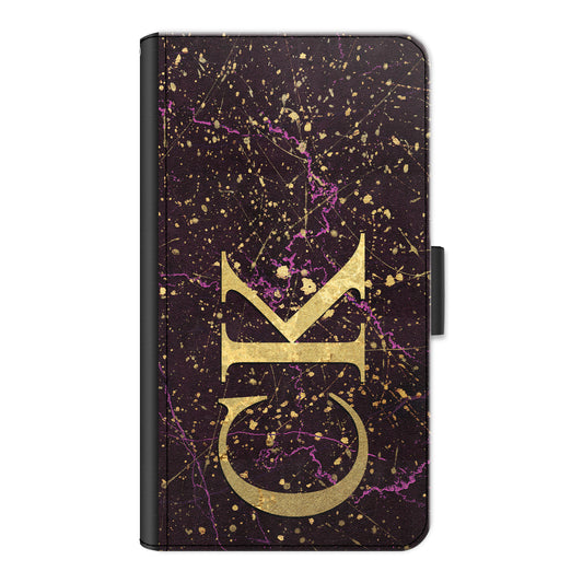 Personalised One Phone Leather Wallet with Gold Initials on Pink and Gold Infused Black Marble