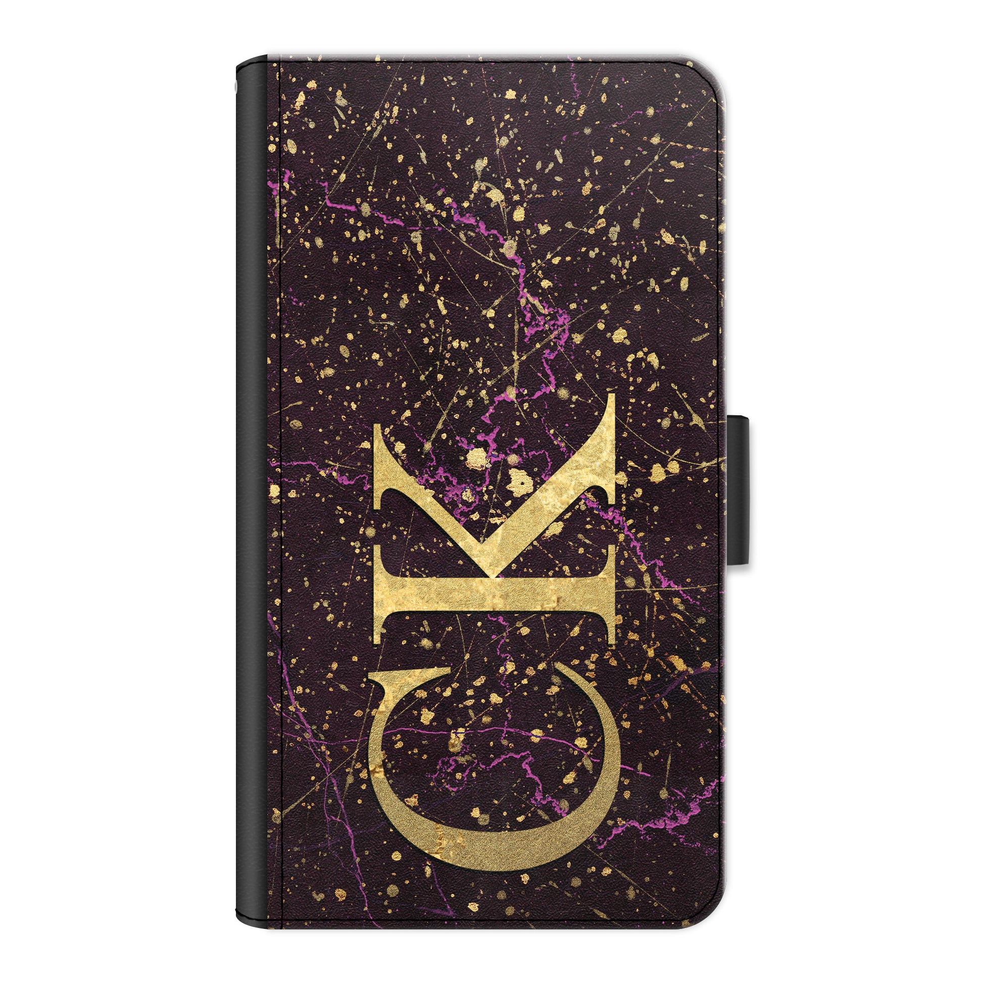 Personalised Google Phone Leather Wallet with Gold Initials on Pink and Gold Infused Black Marble