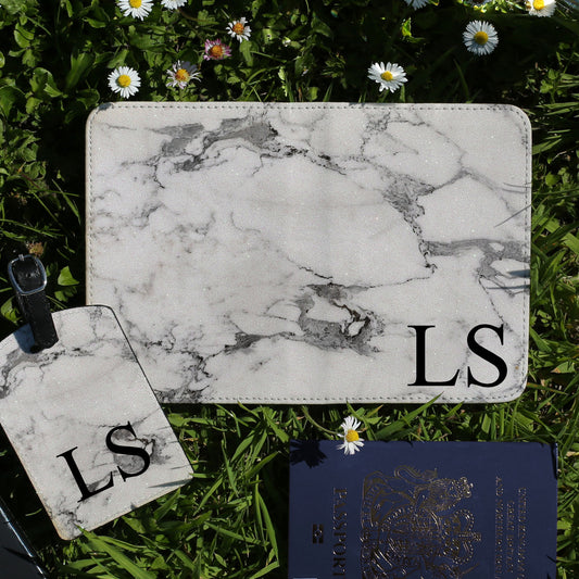 Personalised Passport Case & Tag with Grey Marble & Text - White Glitter