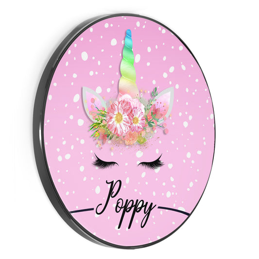 Personalised Wireless Charger with Rainbow Unicorn on Pink Snow and Black Name