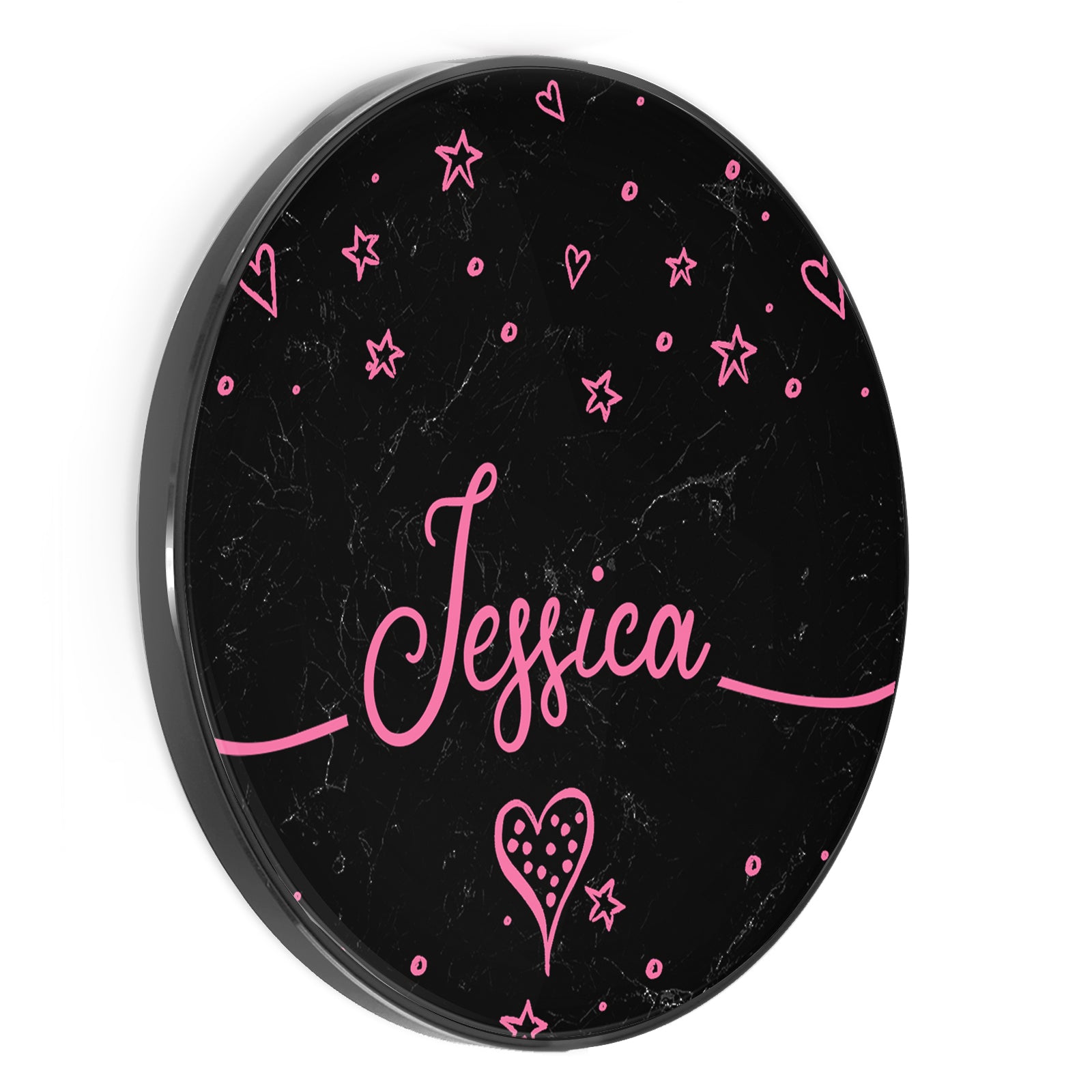 Personalised Wireless Charger with Pink Hearts and Stars with Name on Black Marble