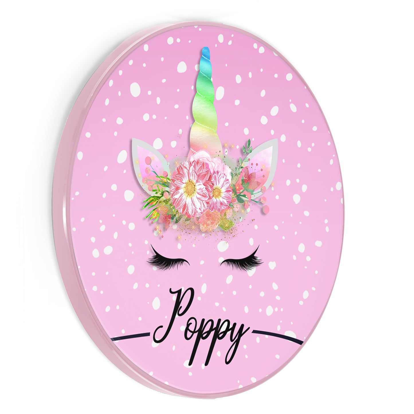 Personalised Wireless Charger with Rainbow Floral Unicorn and Text on Pink