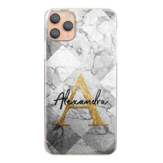 Personalised Huawei Phone Hard Case with Gold Monogram and Stylish Text on Patterned Grey Marble