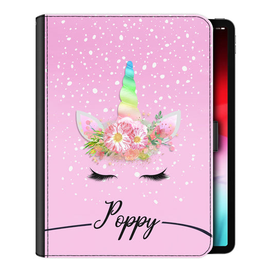 Personalised iPad Case with Rainbow Floral Unicorn and Text on Pink