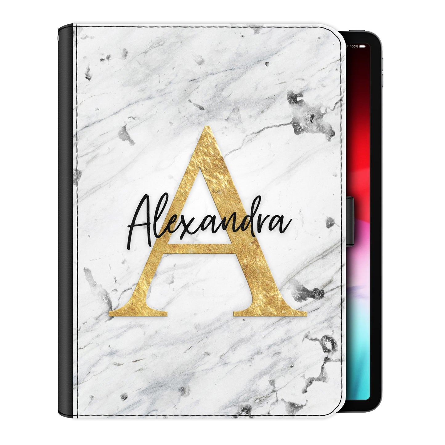 Personalised iPad Case with Gold Initial Under Stylised Name on Grey Marble