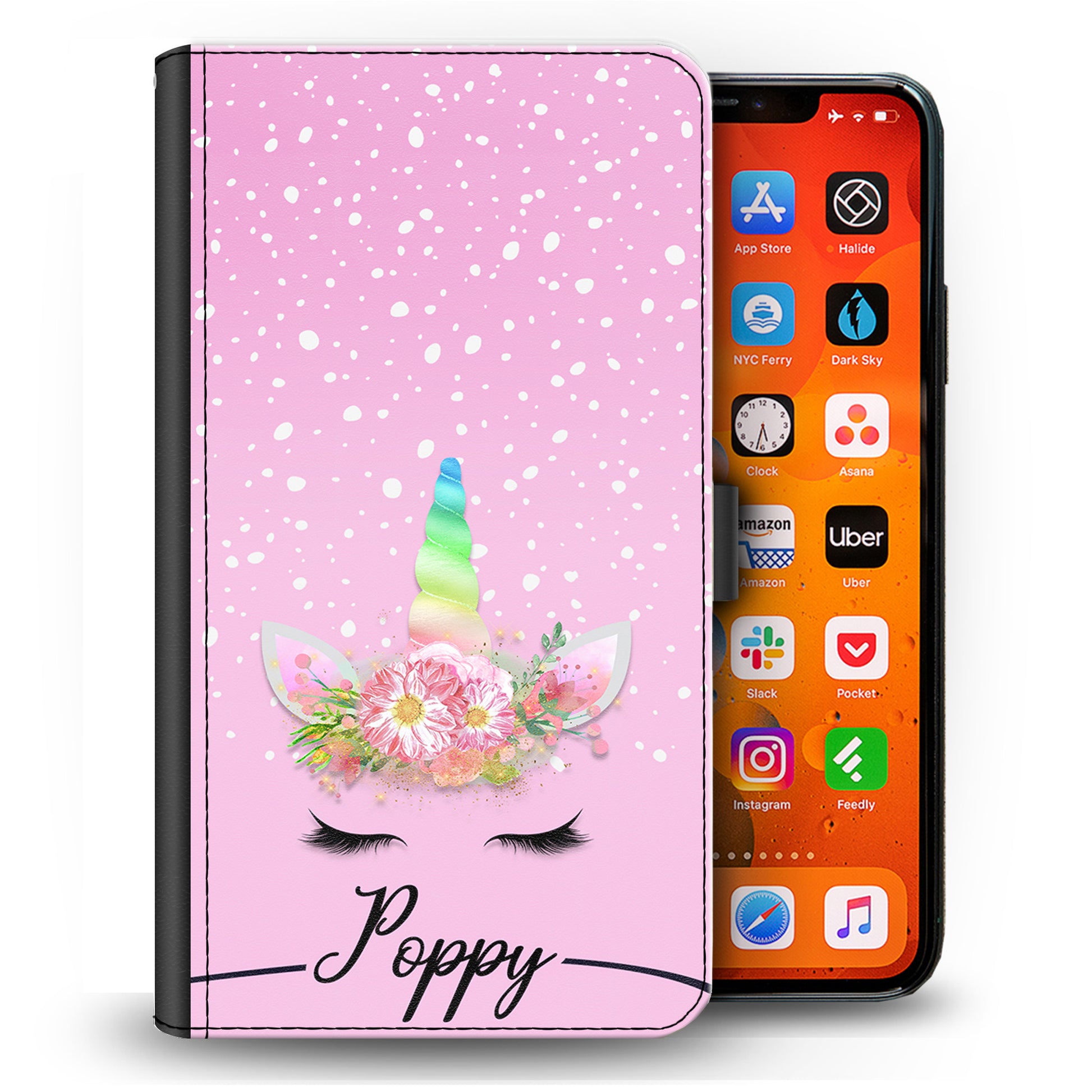 Personalised Samsung Galaxy Phone Leather Wallet with Rainbow Floral Unicorn and Text on Pink