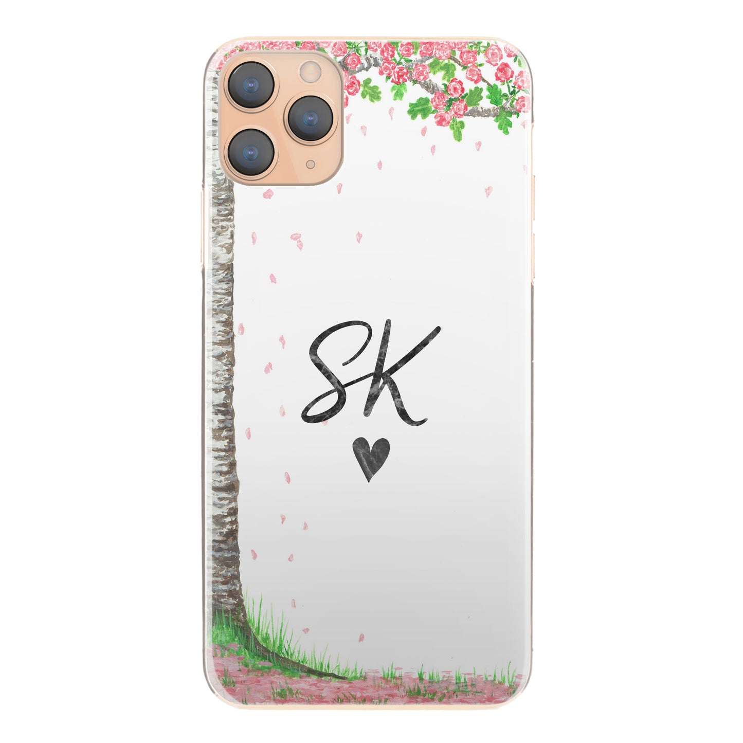 Personalised Sony Phone Hard Case with Pink Flower Tree and Heart Accented Initials