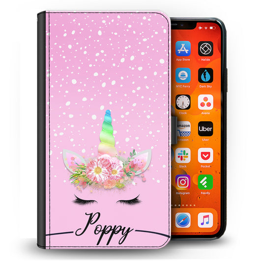 Personalised Google Phone Leather Wallet with Rainbow Floral Unicorn and Text on Pink