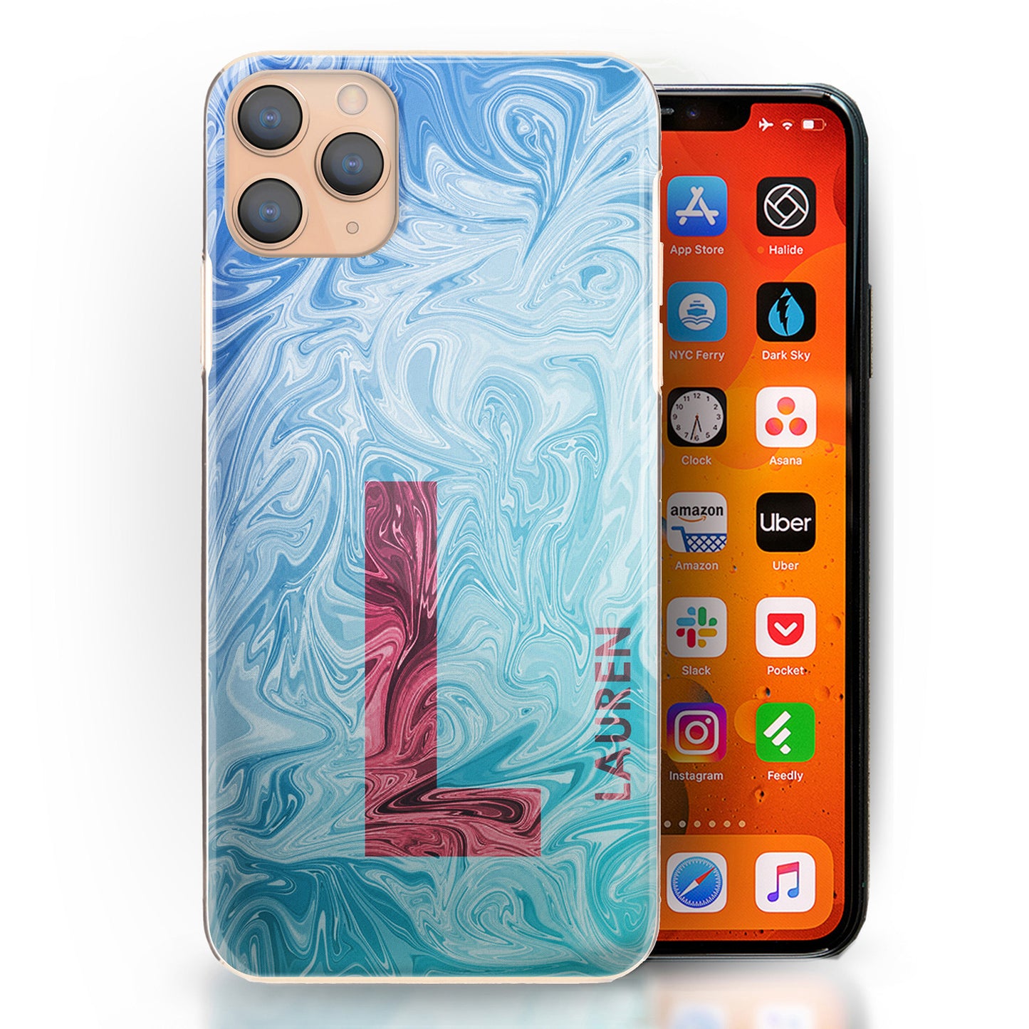 Personalised Google Phone Hard Case with Red Text and Initial on Turquoise Gradient Swirled Marble