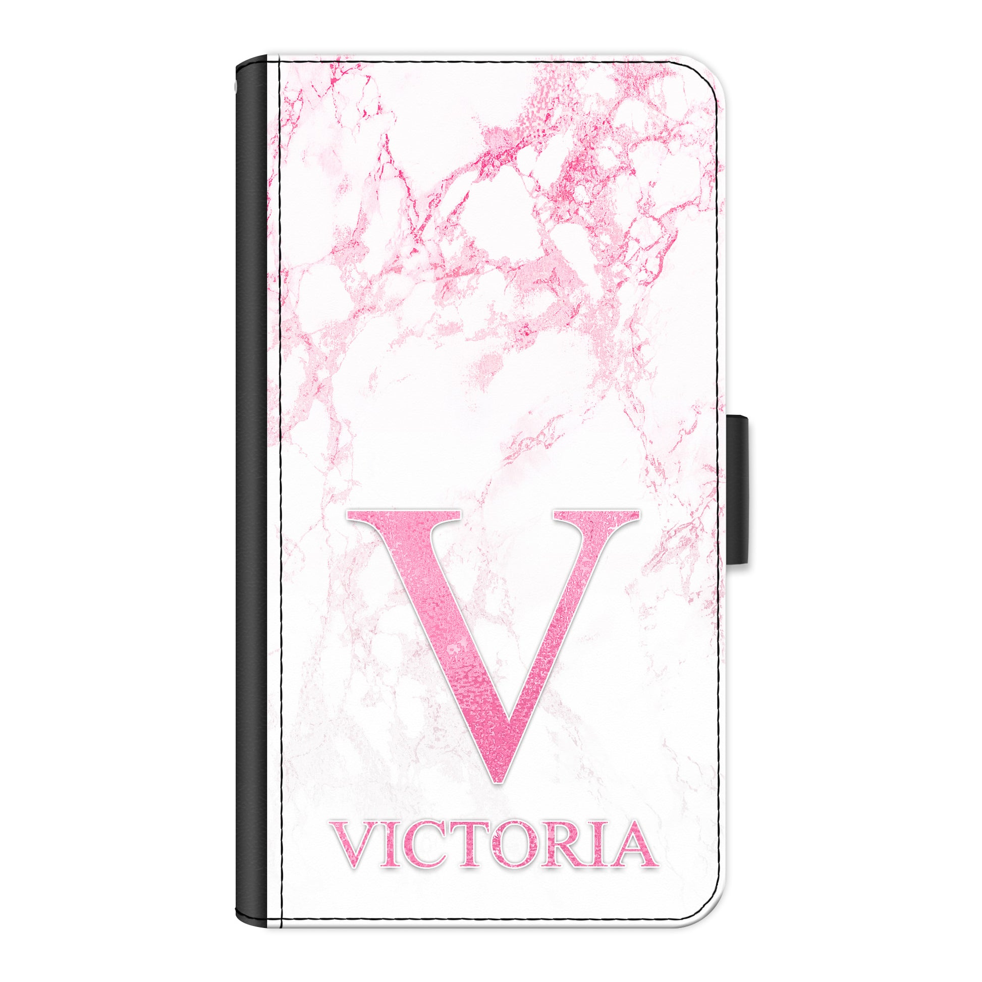 Personalised HTC Phone Leather Wallet with Pink Monogram and Text on Pink Marble
