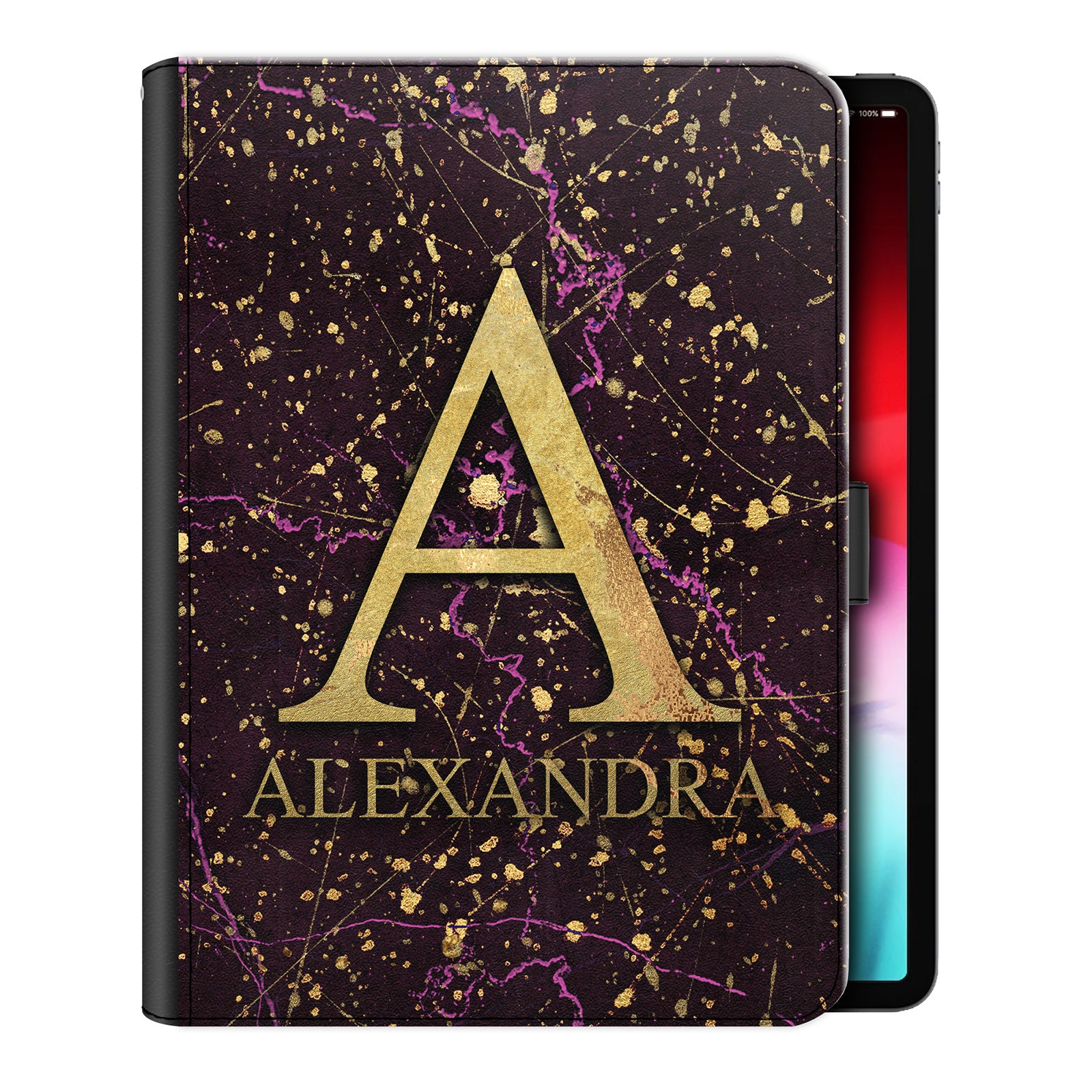 Personalised iPad Case with Gold Initials and Text on Gold and Purple Marble