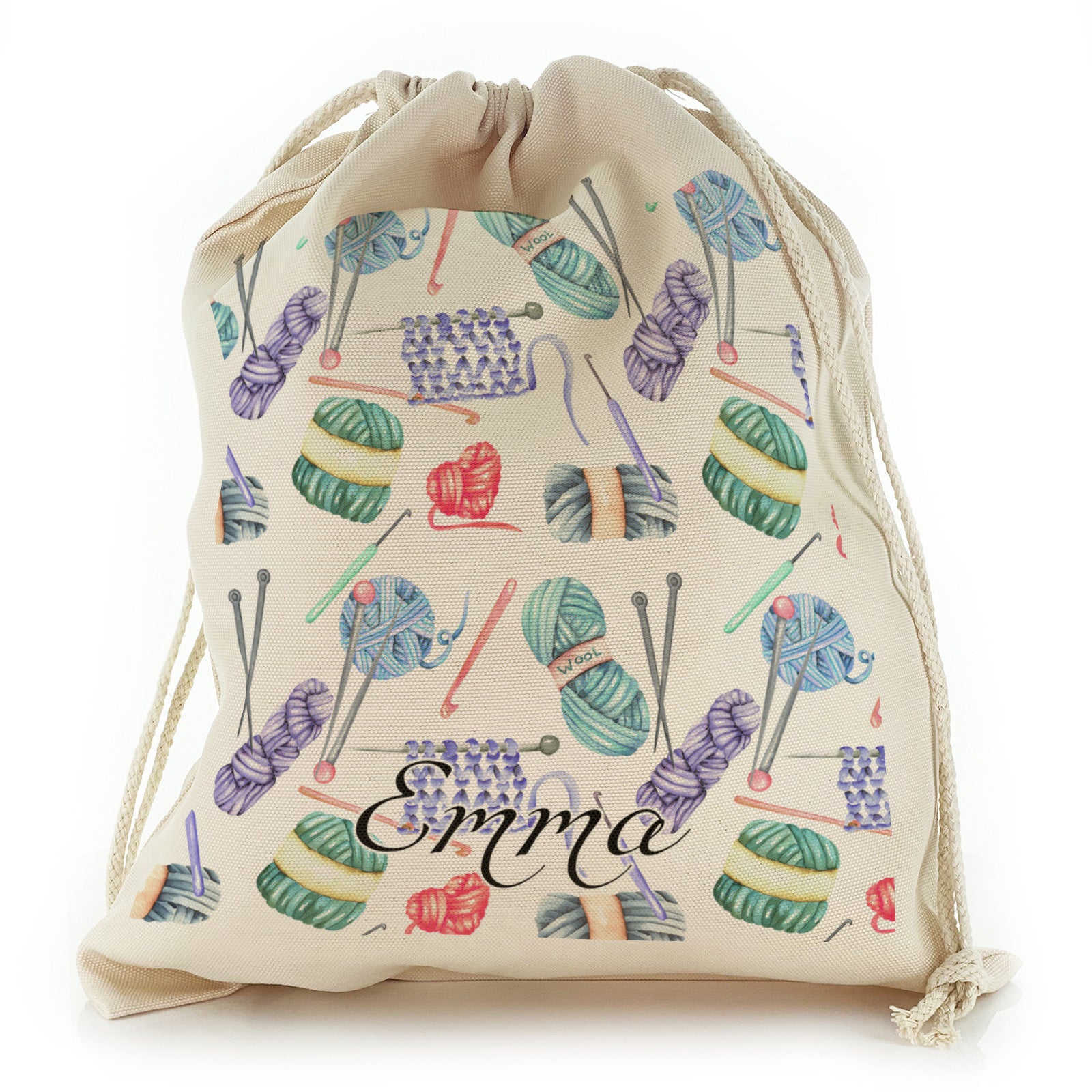 Personalised Canvas Sack with Stylish Text on Multicoloured Yarn and Needle Variants Pattern