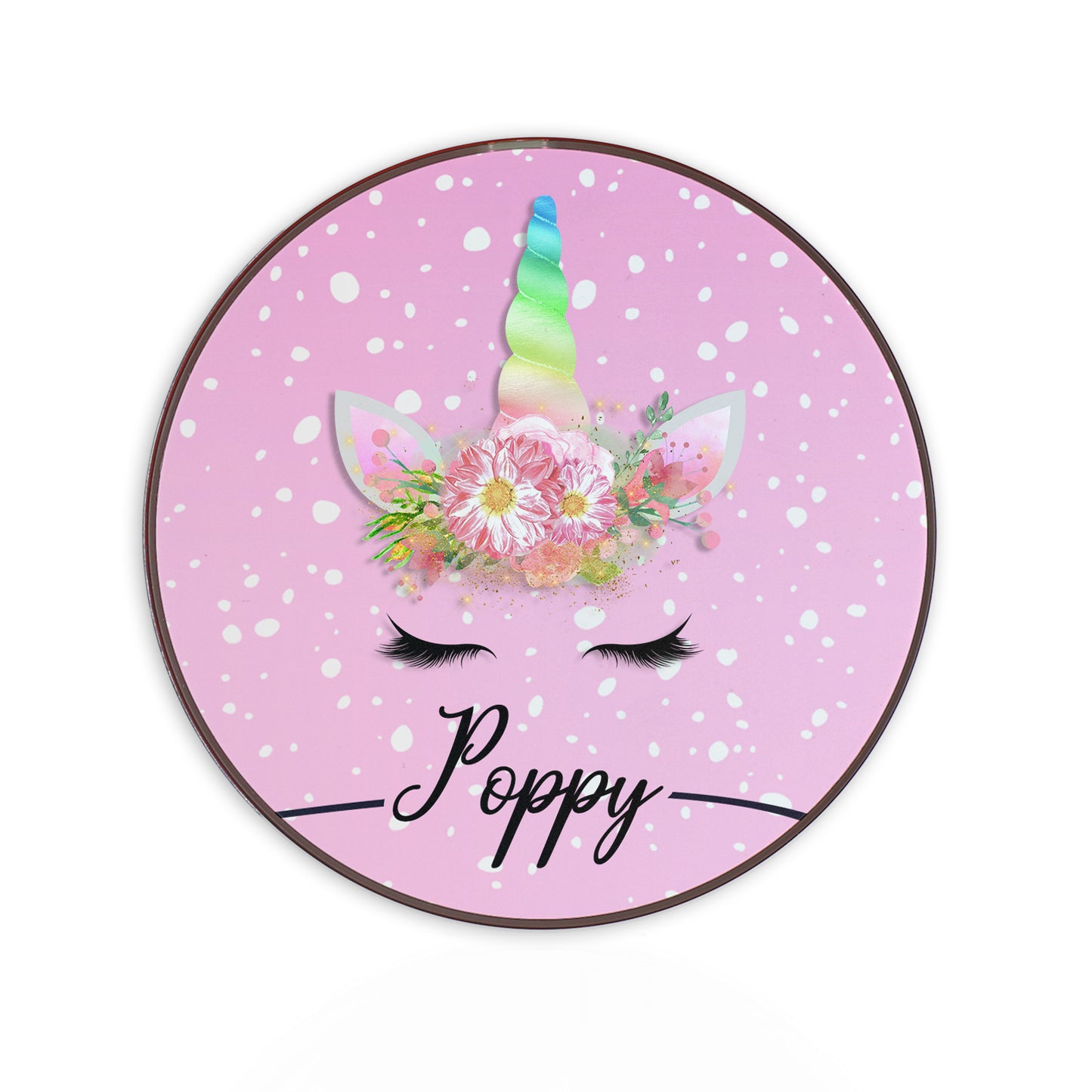Personalised Wireless Charger with Rainbow Floral Unicorn and Text on Pink