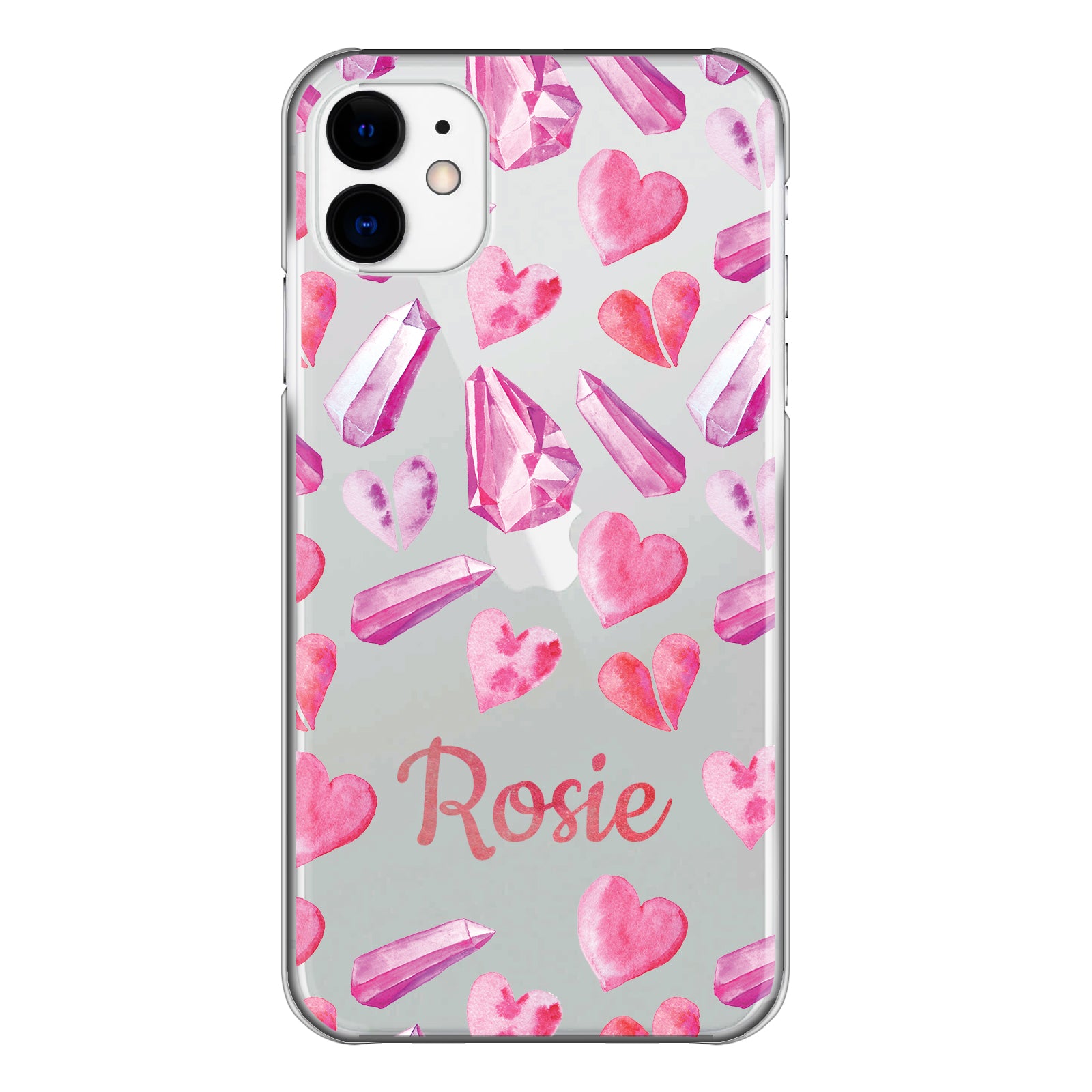 Personalised Apple iPhone Hard Case with Crystal Hearts and Cute Pink Text
