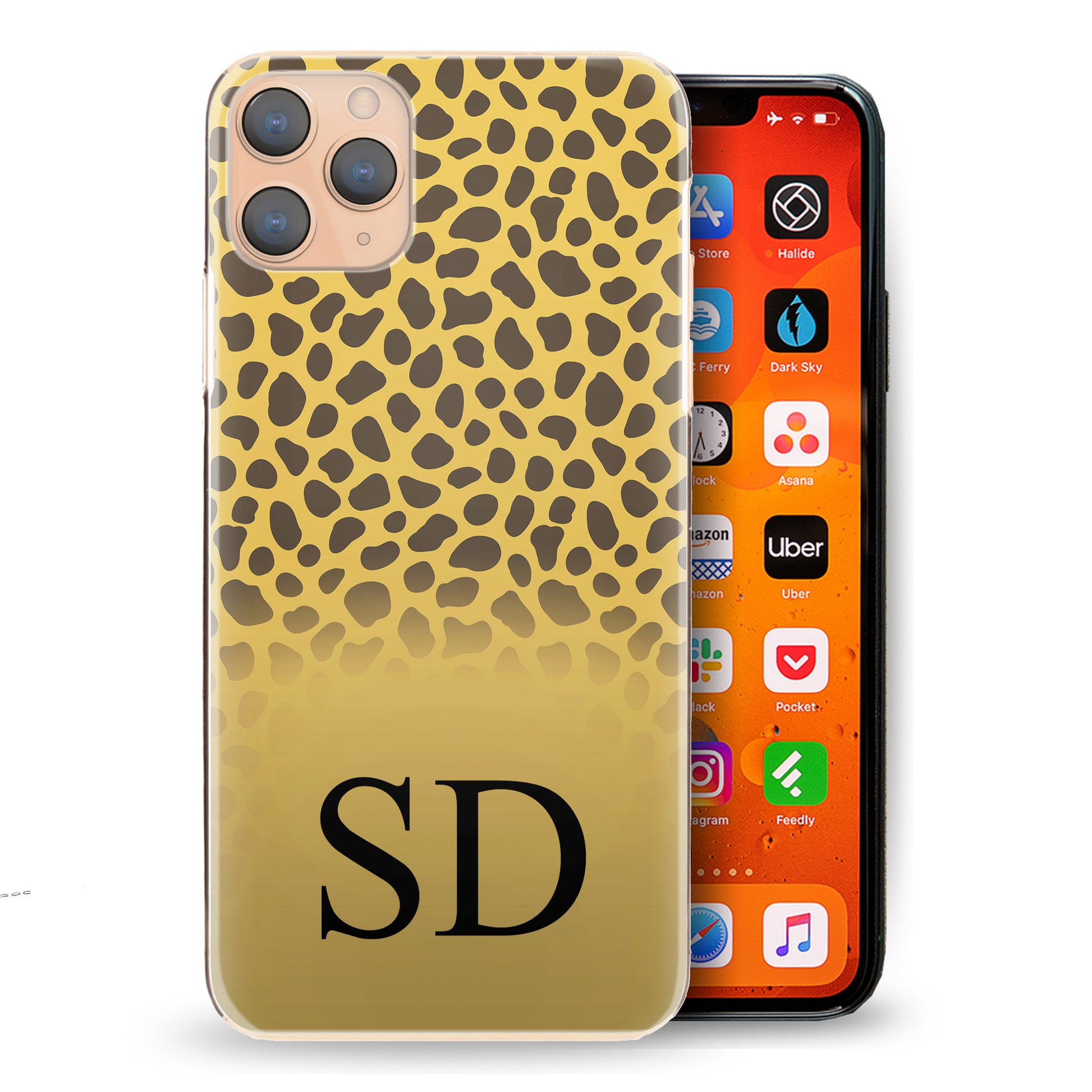 Personalised Apple iPhone Hard Case Black Initial on Cheetah Print