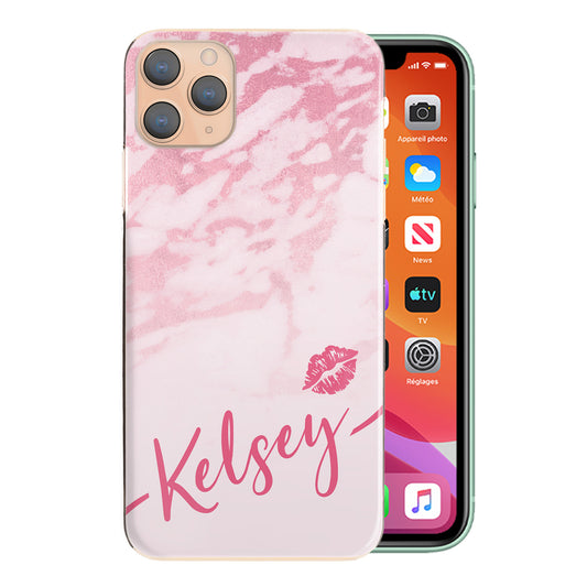 Personalised Apple iPhone Hard Case - Pink Marble & Name Kiss