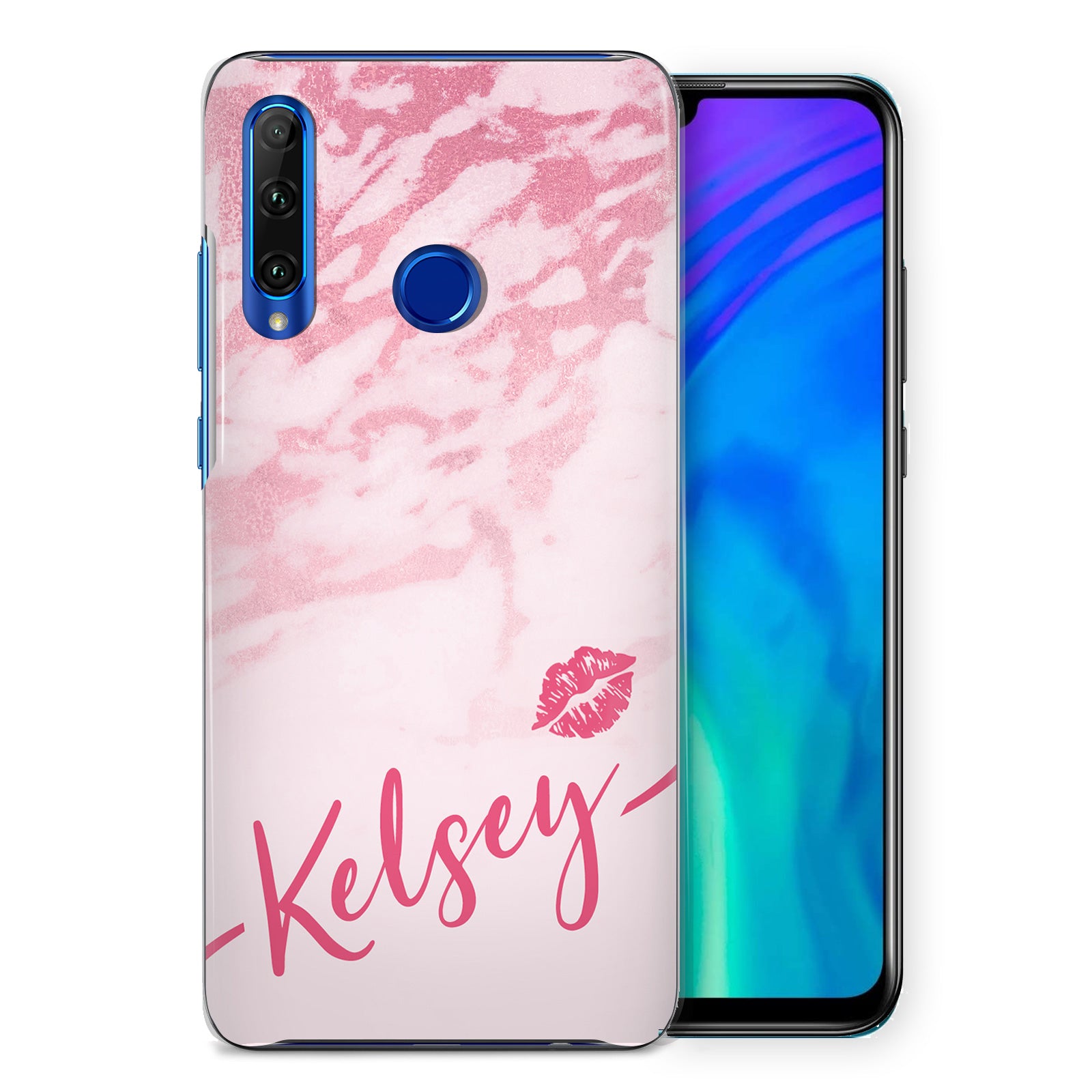 Personalised Honor Hard Case - Pink Marble & Name Kiss