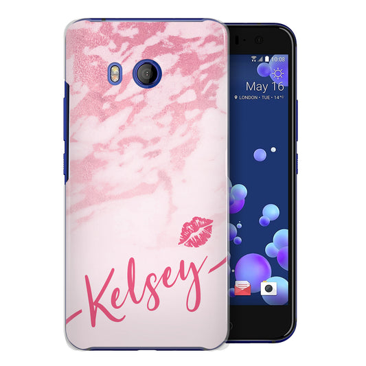 Personalised HTC Hard Case - Pink Marble & Name Kiss